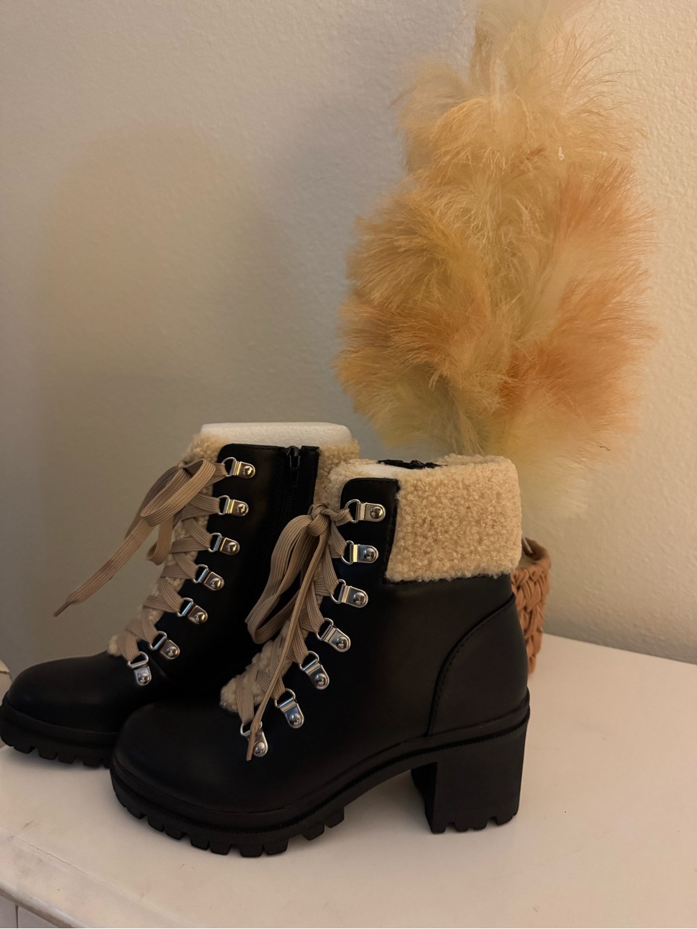Soda Black Ankle Lace-Up Boots with Cream Faux-Shearling Cuff